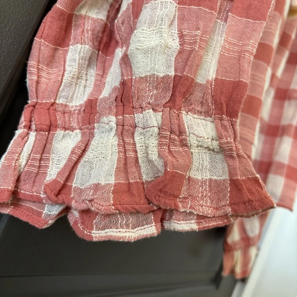 NWT Free People Honey Grove Knit Pink Plaid Long Sleeved Blouse Size M